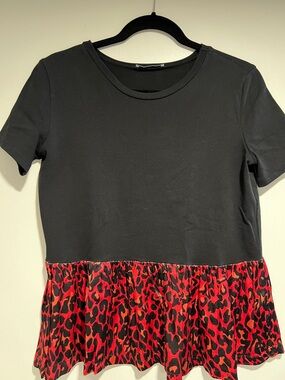 Zara Black Short-Sleeve Top with Red Leopard Peplum